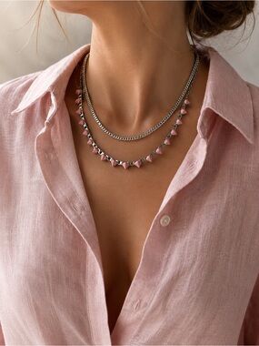 Silver Chain Necklace with Pink Spike Accents - Women’s Fashion Jewelry